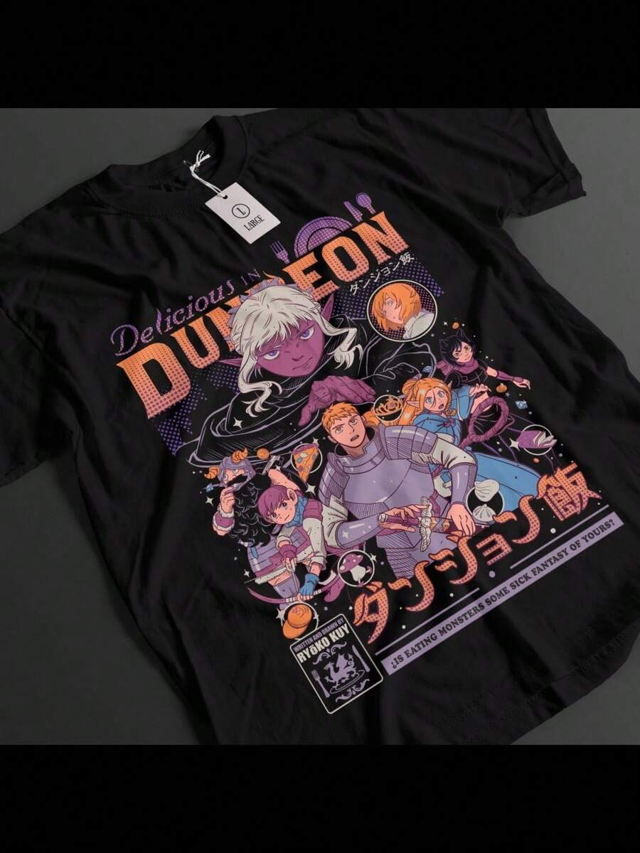 Delicious In Dungeon Shirt Laios Tshirt Marcille T-Shirt Senshi Top Anime Tee - 黑色 - 查看 1