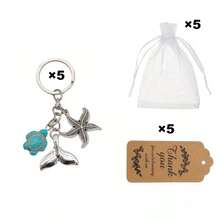 15 Pcs Faux Turquoise Keychain Set Turtle Mermaid Tail Starfish 5 Keychains 5 Mesh Bags 5 Paper Cards - Multicolor - View 4
