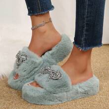 Women's Elegant Rhinestone Bow Slippers Cozy Fur Slides For Indoor And Relaxation Wear - Màu xanh lam - Xem 3