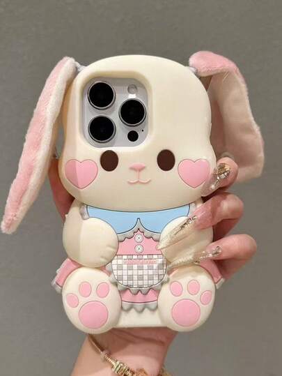 Cute 3D Love Rabbit Silicone Phone Case With Plush Ears, Compatible With IPhone 17/17 Pro/7 Air/17 Pro Max/16/16 Pro/16 Plus/16 Pro Max/15/15 Pro/15 Plus/15 Pro Max/14 Pro Max/14/14 Pro/14 Plus/13/13 Pro/13 Pro Max, Adorable Cartoon Phone Case, Perfect Gift For Girlfriend