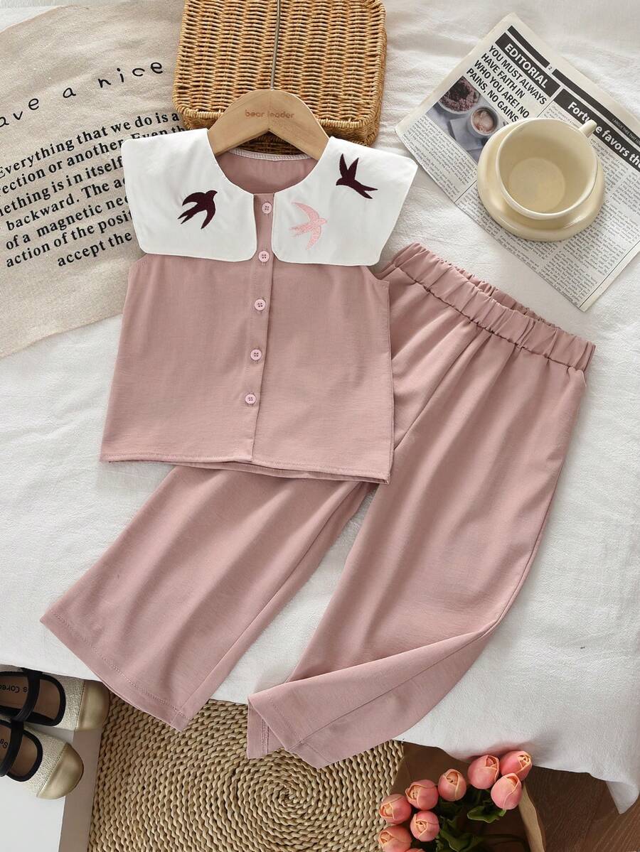bearleader 2pcs Girls Summer Outfit Set, Bird Embroidery Sailor Collar Sleeveless Top Paired With Wide Leg Pants, Casual Wear For 3-7 Years Old Girls - Pink - View 1