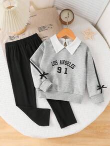 两件套女童休闲加州风学院风二合一条纹衬衫领卫衣+阔腿裤套装，字母印花长袖连帽衫+条纹装饰，适合儿童日常穿着，秋冬季 - 藍色 - 查看 2