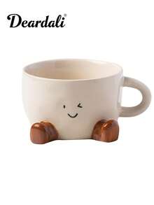 DearDali 1个可爱脚印笑脸陶瓷咖啡杯,卡通设计,适合居家、办公、盛装拿铁、摩卡、热巧克力、咖啡、茶、牛奶,也适合聚会、派对等场合,是有趣的生日/节日礼物。 - 彩色 - 查看 13