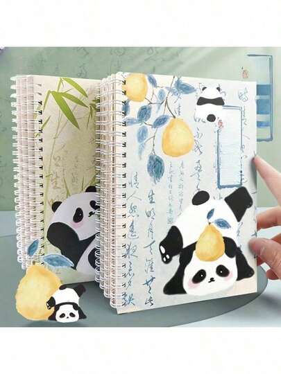 4pcs Cute Panda Themed Spiral Notebooks, Suitable For Writing And Drawing, Smooth Surface, Ideal For Daily Office Supplies, Teacher Gifts, Pencil Cases, School Supplies, Notebooks, Planners, 2025-2026 Academic Planners, Diaries, Bookmarks