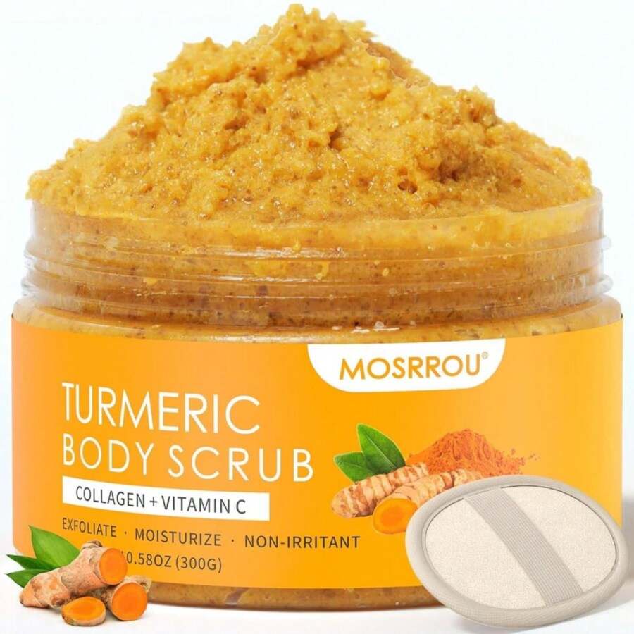 Turmeric Body Scrub Vitamin C Exfoliating Body Scrub With Collagen And Coconut Oil Body Exfoliator Dead Skin Remover Smooth And Hydrated Natural Scrub For Butt Bikini Area With Loofah - White - 查看 1