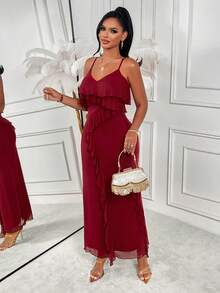 AIJ Amarilo Sexy Ruffled Tiered Backless Dress - Spaghetti Strap Sleeveless Summer Dress For Valentine's Day Gatherings & Getaways - Burgundy - View 6