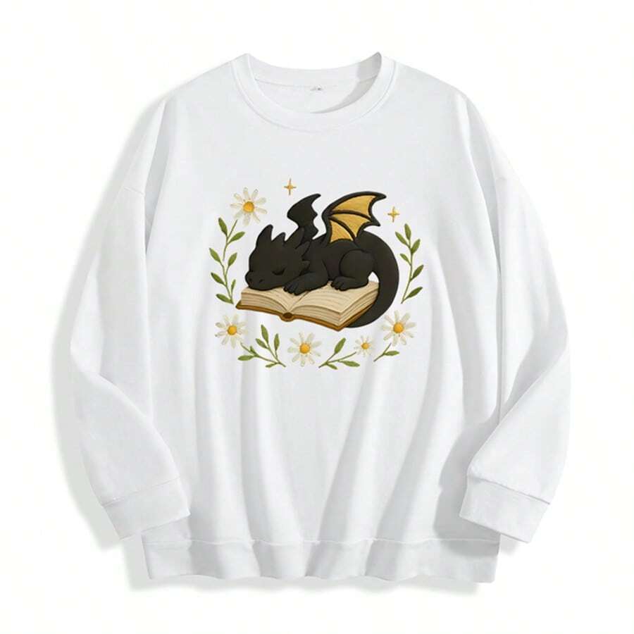 Women'S Black Fantasy Dragon On Book Graphic Sweatshirt - Cozy Pullover With Floral & Starry Night Design, Soft Round Neck Long Sleeve Casual Sweater For Book Lovers & Dragon Enthusiasts, Spring/Fall Literary Inspired Apparel, Fall Sweatshirt For Women, Fall Clothe For Women, Women' Sweatshirt, Sweater For Women, Women Fall Clothe - 白色 - 查看 1