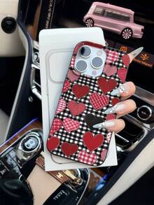 1个情人节双色格子背景心形图案荔枝纹理防震手机壳，TPU材质，适合作为男女节日礼物，兼容 XS/XS Max/XR/11/12/13/14/15/16/17 Pro/Pro Max/14/15/16/17 Plus - 彩色 - 查看 4