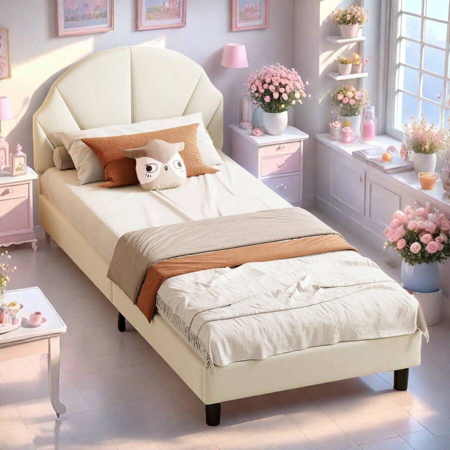 A Children's Upholstered Bed 90x200 Cm, Children's Bed With Adjustable Headboard And Slatted Base, Upholstered, Youth Bed Box Spring Bed Frame For Teenagers And Children, Velvet, Without Mattress, Beige - Màu be - Xem 1
