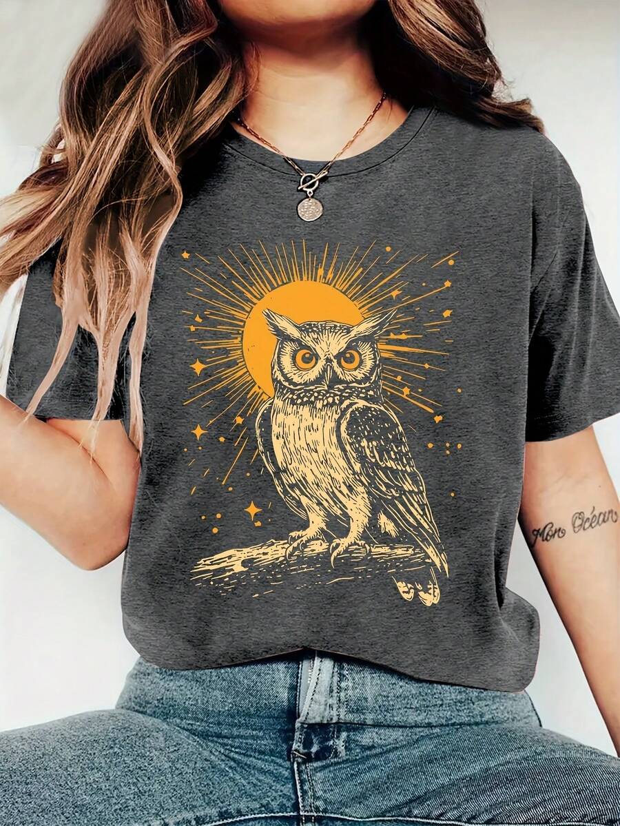 Women'S Vintage-Inspired Golden Owl Print T-Shirt-Soft & Comfortable Round Neck Short Sleeve Tee, Casual Retro Style, All-Season Wear - 灰色 - 查看 1