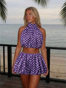 Women Two Piece Outfits Backless Mock Haler Cami Top Bubble Mini Skirt Summer Set Going Out Y2k Party Streetwear - 紫色 - 查看 1