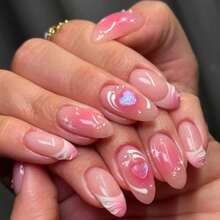 DPink Valentines Pr On Nails Medium Almond Artificial Acrylic French Tip False Nails 3D Glitter Love Coffin Nails Full Cover Glossy Heart Stick On Nail Artificial Fingernails Women Manicure 24Pcs - 彩色 - 查看 1