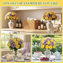 16 Bundles Artificial Peonies Flowers Fake Silk Peony Bouquet Faux Peonies Flowers Bulk For Decoration Vase Floral Arrangements Wedding Party Table (Purple,Yellow) - Purple - 查看 8