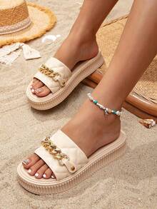 女士金色爱心装饰套脚拖鞋，适合旅行、海滩、室内外休闲穿着 - 杏色 - 查看 1