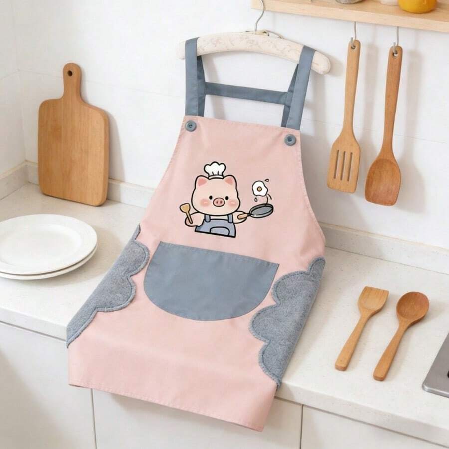 1pc Cute Chef Pig Apron For Women, Waterproof Kitchen Apron With Wipeable Side Pockets Cooking Baking Gifts, Large Pocket Apron, Washable Kitchen Workwear, Sleeveless Design, Suitable For Food Service - 小豬粉紅 - 查看 1