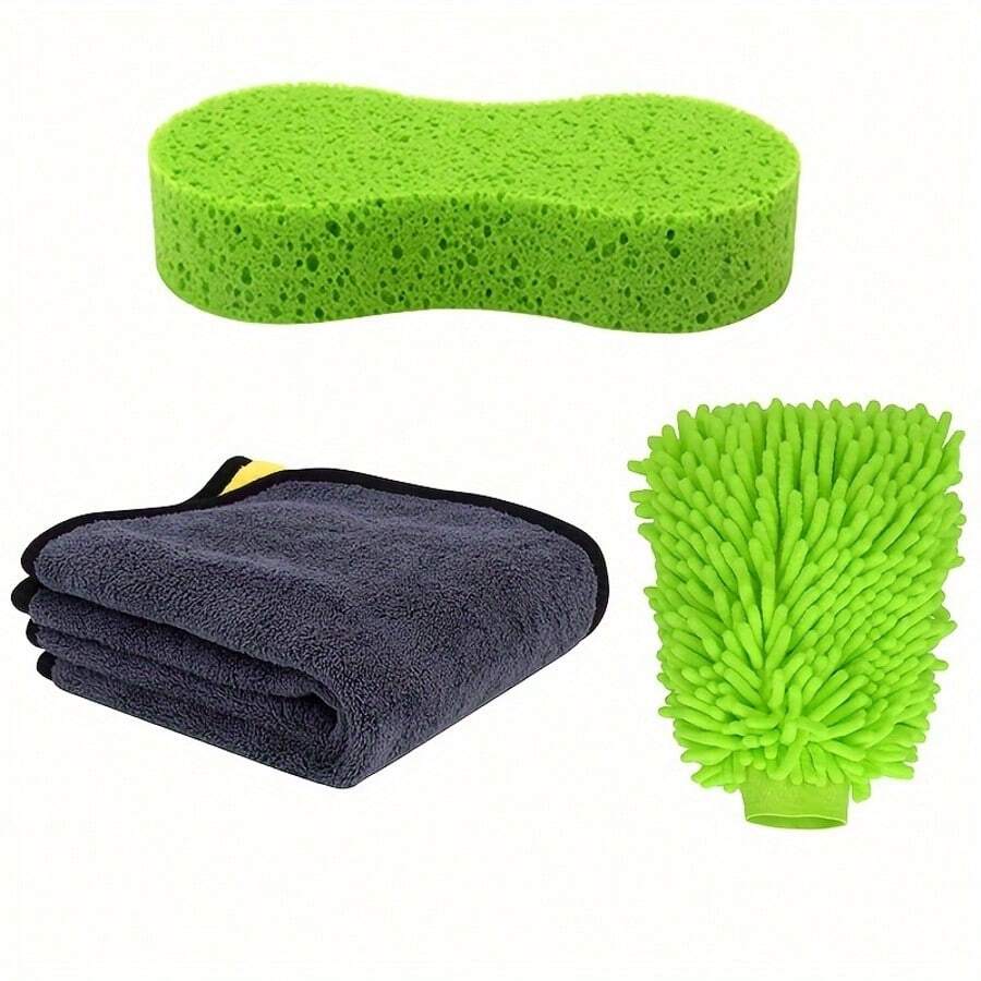 3pcs Car Washing Kit Car Care Cleaning Cloth/Car Wash Sponge/Microfiber Car Wash Mitt, Thickened Car Wash Towel, Car Washing Gloves - 3pcs Car Washing Kit - View 1