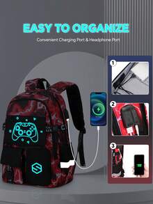 1 Set Kids Backpack With Cool Pattern, USB Charging Port, Game Controller Print, Includes Lunch Bag, Luggage Strap, Zipper Closure, Multi-Pocket Design, Suitable For Daily Use, Camouflage Blue/Red Set - Lightning - View 7