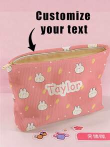 1pc Customized Name Cartoon Elephant & Rabbit Pattern Corduroy Toiletry Storage Bag, Perfect For Travel And Organizing Toiletries, Customizable Based On Your Unique Design, Ideal For Kids, Print Your Own Name Or Your Sister's And Classmate's Name As A Gift - Multicolor - View 13
