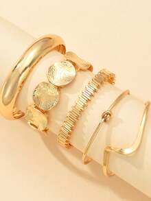 5 Pieces/1 Set Set Of Elegant Vintage Bohemian Style Open Bangle Bracelets, Delicate, Floral, Plain And Geometric, Suitable For Daily Wear, Party, Holiday, Great Gift Option For Women - Multicolor - View 5