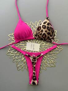 两件套几何与热带花卉印花泳衣，休闲可爱优雅性感波西米亚风系带比基尼，适合春夏海滩度假，女士套装，沙滩装，女士比基尼，女士沙滩套装 - 豹紋 - 查看 2