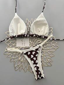 2pcs Geometric & Tropical Floral Print Swimsuit, Casual Cute Elegant Sexy Bohemian Tie-Up Bikini, Suitable For Spring/Summer Beach Vacation, Women's Set, Beach Outfit, Women's Bikini, Women's Beach Suit - Brown - View 5