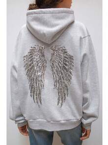 Sequin Embroidered Angel Wings Light Grey Sweatshirt Y2K Cute Women Sweatshirt, Casual Dropped Shoulder Long Sleeve Sweatshirt For Women - Light Grey - View 2