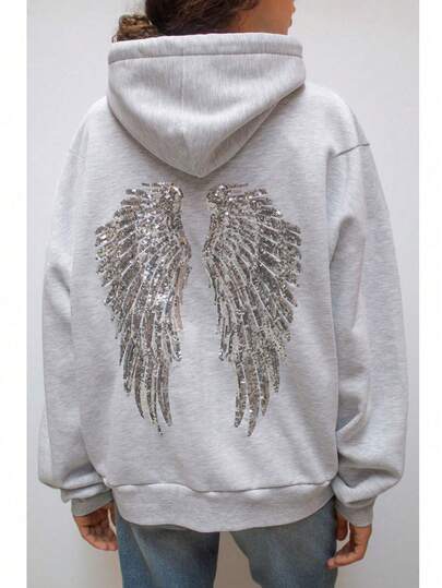Sequin Embroidered Angel Wings Light Grey Sweatshirt Y2K Cute Women Sweatshirt, Casual Dropped Shoulder Long Sleeve Sweatshirt For Women