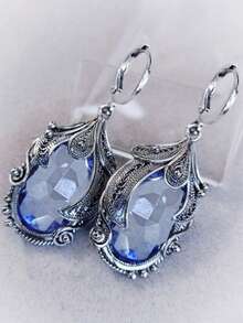 2pcs/Set Elegant Water Drop Gemstone Earrings, Paired With Bohemian Style Vintage Silver Metal Pendant Earrings For Women, Suitable For Wedding Anniversary And Outdoor Wear - Antique Silver - View 12