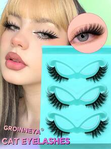 Lasvirey 3对装 3/4 猫眼假睫毛 漫画风假睫毛 纤细自然妆效 奢华3D仿貂毛假睫毛 轻盈柔软猫眼假睫毛 海边水钻假睫毛 - 黑色 - 查看 1