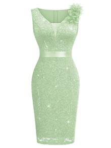 MIUSOL Full Sequin Floral Lace Deep V Neck Sleeveless Cocktail Party Bodycon Dress,Semi Formal Women Dress - Màu xanh Bạc hà - Xem 7