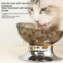1pc Semi-Transparent Slanted Mouth High-Foot Electroplated Silver Base Pet Feeding Bowl, Efficient Neck-Protecting Base Design, Detachable Large Opening For Easy Feeding And Cleaning, Washable - 300ml - View 4