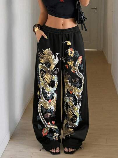 Quần ống rộng dáng suông nữ, kiểu dáng thường ngày mang hơi hướng Trung Quốc, phong cách sinh viên, hip hop, đường phố, khiêu vũ, quần thể thao in hình rồng phượng, quần hip hop gợi cảm, quần nữ bốn mùa màu đen mùa đông