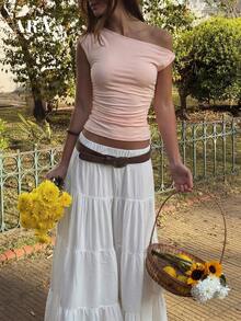 ARA CHIC 女士粉色露肩褶皱扭结T恤，性感露肩清纯迷人风格上衣，适合约会和通勤，2026春夏新品 - 查看 3