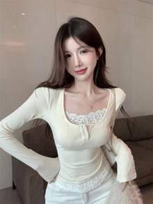 Áo thun dài tay phối ren gợi cảm, áo mặc trong cho nữ, mùa xuân - Màu be - Xem 4