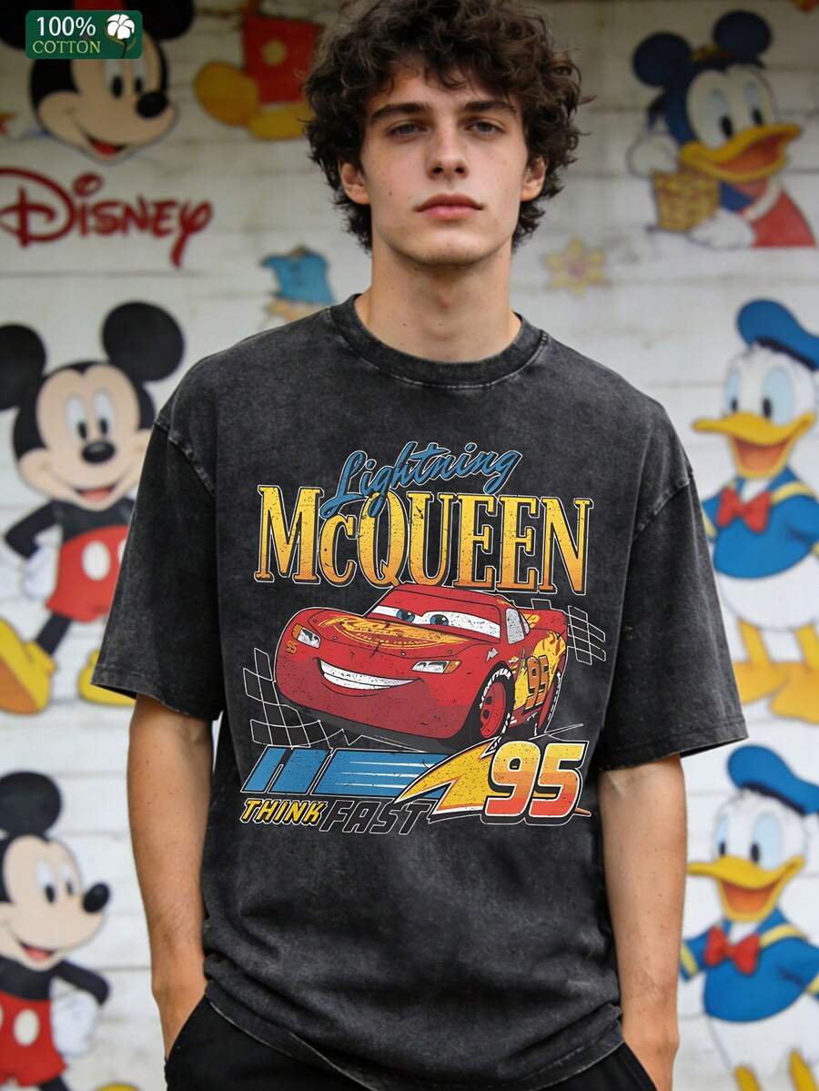 Disney Racing Car Parade Lightning McQueen Print 180g Washed Cotton | Vintage Retro Loose-Sleeved T-Shirt For Men - 黑色 - 查看 1