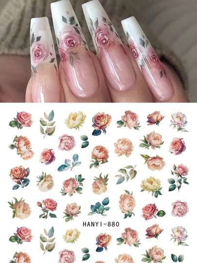 1pc Nail Art Stickers Vintage Pink Yellow Red Booming Roses Peony Flowers Dry Leaves Adhesive Sliders 2D Nail Decals For Nail Art Manicures Tips Beauty Decorations Nail Supplies
