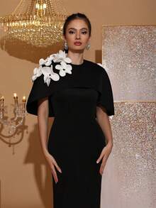 New Elegant 3D Floral Decor Black & White Contrast Long Sleeve Cape Dress, Graceful Formal Gown For Wedding Guest, Bridesmaid, Party, Evening Occasion - Black - View 7