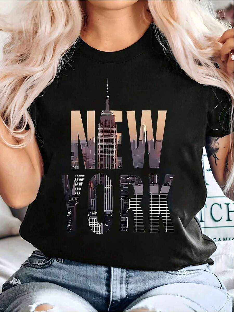 Camiseta Urbana Estilo New York para Mujer con Diseño de Rascacielos Moderno Moda Casual Mexicana - Negro - Ver 1