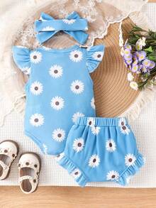 2件套女婴可爱印花轻薄连体衣和短裤套装，夏季 - 藍色 - 查看 2