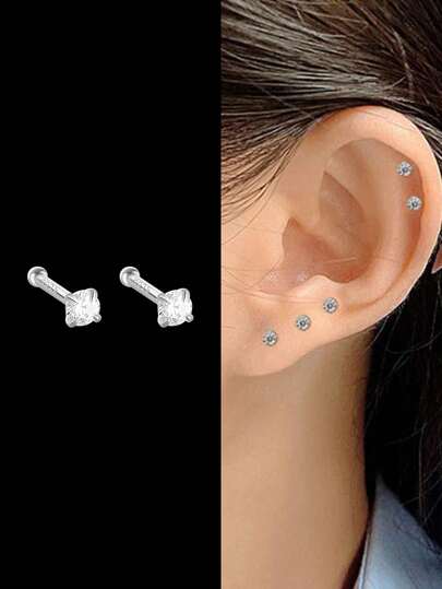1对925纯银耳环，女士精致小巧耳骨钉/耳廓钉/耳软骨钉，简约风格，适合日常佩戴、婚礼、派对、订婚等场合，是精美珠宝的理想之选。