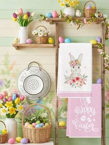 2 Piezas de Toallas de Cocina con Estampado de Conejito Rosa y Floral, Toallas de Platos Feliz Pascua que se Pueden Usar para Secar las Manos en la Cocina, Toallas de Té - Rosa Pálido - Ver 4