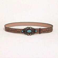 Boho 1pc Western Style Vintage Brown Pattern Pu Leather Belt With Beads Halloween Summer, School Fall, Autumn, Halloween - 棕色 - 查看 5