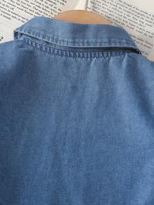 Young Girl Denim Dress, Summer New Cute Bow Puff Sleeve Lapel Knee-Length Princess Cake Dress - Blue - View 10