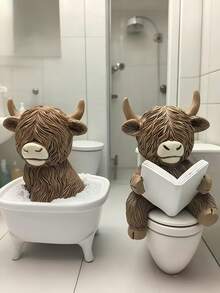 Interesting Bathroom Decor - Highland Cow Reading On Toilet Statue, Rustic Style Bathroom Decoration, Resin Made For Home Office Or Gift, No Power Needed, Humorous Design, Fine Texture - A - View 4