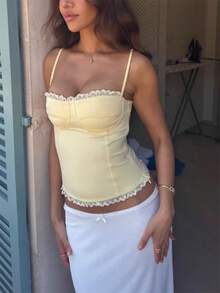 .Y Lace Trim Corset Top Low Cut Bustier Tops For Women Sleeveless Spaghetti Strap Crop Top For Going Out Party Club - Yellow - View 3