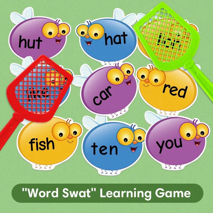 Lachilly DIY Swat Cards Double Sides Erasable Flashcards, 20 Pcs Dry Erase Fly Cards 4 Fly Swatters, Kids Quick Response Sight Word Games Learning Activity DIY Teaching Aids, Funny Educational Learning Games For Classroom