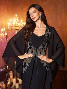 Vestido de noche ajustado de doble capa de gasa con cuello de corazón, manga larga y bordado de lentejuelas [Estampado aleatorio] UNITHORSE para mujer - Negro - Ver 2