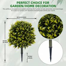 Hodeffior Juego de 2 bolas topiarias artificiales de boj de 65 cm con hojas de sauce. Plantas artificiales resistentes a los rayos UV con estaca para el suelo. Decoración para jardín, patio y puerta de entrada (interior y exterior). - Verde - Ver 4