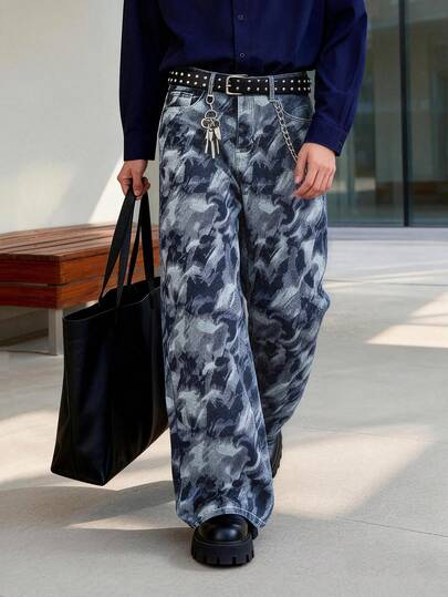 1 pieza Nuevos jeans rectos de estilo japonés y coreano para hombres, jeans rectos casuales con estampado jacquard retro americano (sin cinturón ni accesorios)