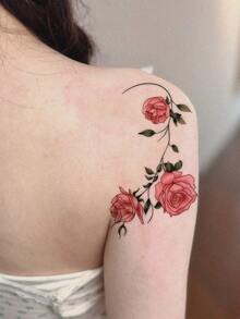 1张时尚Y2K防水粉色玫瑰藤蔓临时纹身贴纸，可贴于肩部/手臂，防汗，持久，精致氛围仿纹身贴纸 - 彩色 - 查看 3